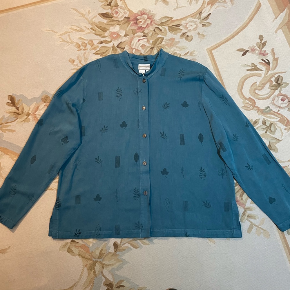 Teal Green button down top pattern of leaves and ferns by Coldwater Creek XL